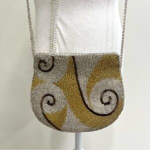 Vintage Art Deco Hand Beaded Crossbody Purse Gold Copper Silver Swirl Design